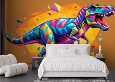 A colorful stylized illustration of a fierce Tyrannosaurus Rex with a bold modern twist, featuring geometric patterns and shapes in a sleek vector design. Wall mural