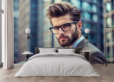 A handsome groomed man with a trendy pompadour hairstyle, neatly trimmed beard, and stylish glasses poses confidently Wall mural