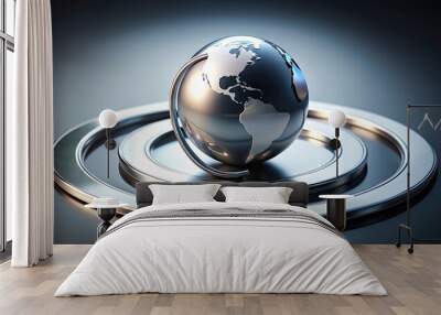 A metallic globe with a modern, stylized navigation pin icon on top, surrounded by a circular border with a subtle gradient effect, symbolizing location tracking. Wall mural