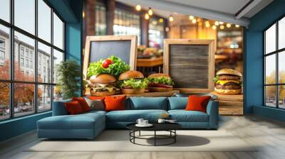 A modern, rustic-style wooden menu board displays a variety of tasty options, including burgers, salads, sandwiches, and desserts, against a warm, blurred restaurant background. Wall mural