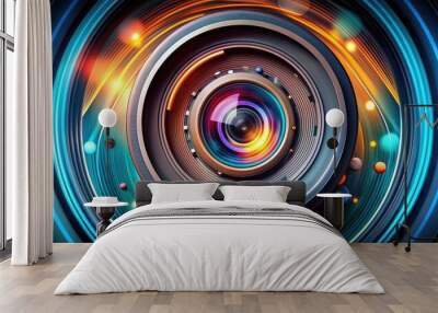 A modern camera lens forms the center of a stylized logo, surrounded by circular elements and abstract shapes, conveying creativity and visual storytelling. Wall mural