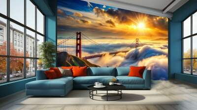 A serene and surreal landscape depicting a shimmering golden gate amidst fluffy white clouds, radiant sunlight, and majestic mountains in the distant background. Wall mural