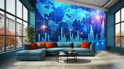 A sleek, modern graphic display showcases fluctuating stock prices and market trends on a vibrant blue background, surrounded by subtle financial data and charts. Wall mural