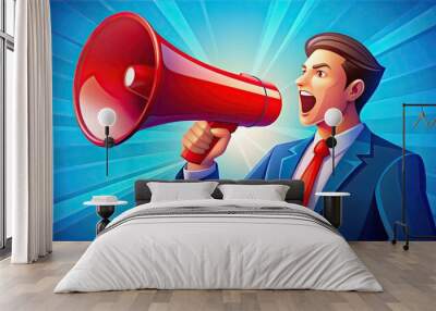 A vibrant illustration of a stylized person icon holding a bold red megaphone, symbolizing empowerment, announcement, and vocal expression in a modern digital context. Wall mural