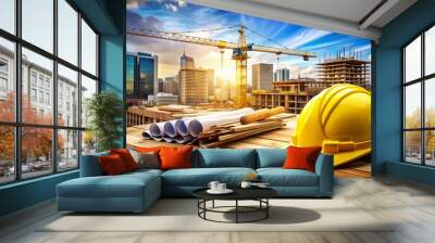 A yellow hard hat and blueprint lie on a wooden beam amidst a bustling construction site with excavators and cranes building a modern cityscape. Wall mural