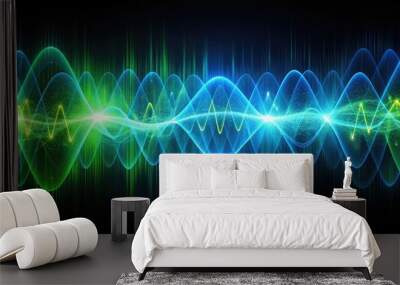 Abstract digital waveform composition featuring vibrant blue and green oscillations against a dark background, evoking a sense of futuristic technology and dynamic energy. Wall mural