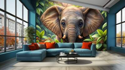 Adorable baby elephant peeks through foliage with curious, large eyes, showcasing innocence and charm of baby wildlife in stunning detail and heartwarming realism. Wall mural