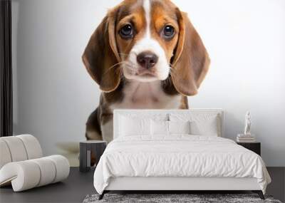 Adorable beagle puppy with floppy ears and big brown eyes sits alone on a plain white background, showcasing its cute and playful puppy personality. Wall mural