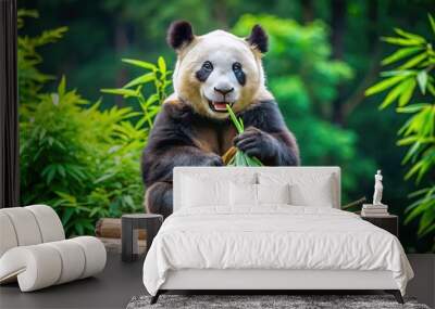 Adorable giant panda bear sitting on a tree stump, happily munching on a bunch of fresh green bamboo shoots in a serene natural environment. Wall mural