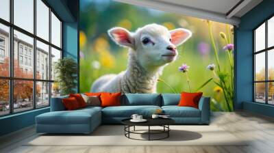 Adorable little lamb with fluffy white fur and curious eyes gazes upward in a serene green meadow filled with vibrant wildflowers on a sunny day. Wall mural