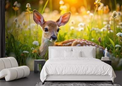 Adorable white-spotted fawn lies serenely in a lush green meadow, surrounded by tall wildflowers, with gentle sunlight Wall mural