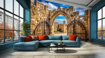 Ancient stone gate adorned with ornate ironwork and surrounded by historic walls stands majestically open in the Old Wall mural