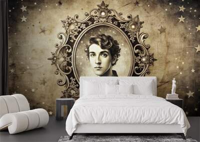 Antique-Looking, Abstract Black-And-White Sketch Of A Person Inside An Ornate Frame With Stars And Dots Wall mural