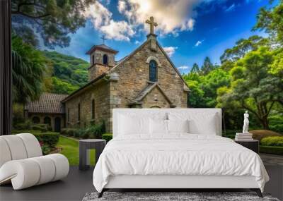 beautiful stone building with a prominent Christian cross, lush greenery, and a tranquil atmosphere, evoking a sense of faith and academic pursuit. Wall mural