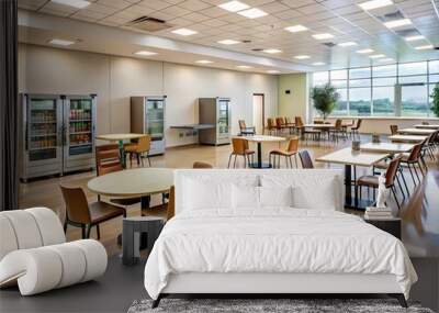 Clean and modern institutional dining area with rows of tables, chairs, and vending machines set against a neutral-toned wall and polished floor. Wall mural