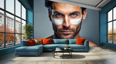 Close-up portrait of a man with eye pads and facial hydration mask in a studio setting, highlighting skincare and beauty products for moisturized, glowing skin. Wall mural