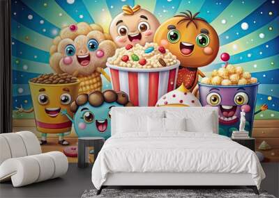 Colorful cartoon characters enjoy a variety of snacks, including popcorn, candy, and cookies, in a whimsical illustration with bright backgrounds and playful textures. Wall mural