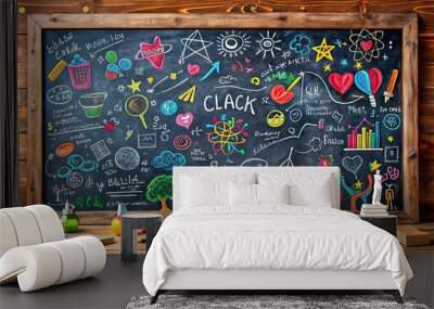 Colorful chalk drawings and scribbles adorn a worn blackboard, filled with random words, shapes, and symbols in a playful, creative educational setting. Wall mural