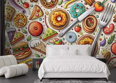 Colorful doodles of food items such as pizza, donuts, and burgers surround a fork and spoon on a white background with bold lines and playful textures. Wall mural