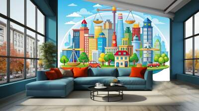 Colorful illustration depicts a balanced mixed economy with elements of public and private sectors, commerce, industry, and community blending harmoniously in a vibrant cityscape. Wall mural