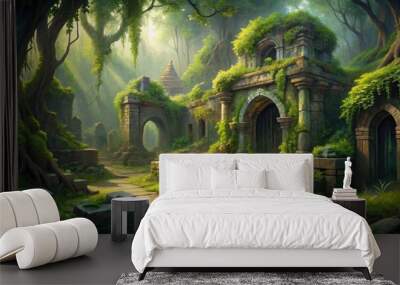 Delicate, hand-drawn illustration of ancient stone structures, vines, and moss, blending nature and decay in a mystical, atmospheric depiction of forgotten civilization. Wall mural