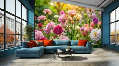 Delicate eustoma blooms and lush roses mingle together in a whimsical garden, surrounded by verdant foliage and soft, warm light, evoking a sense of serene romance. Wall mural