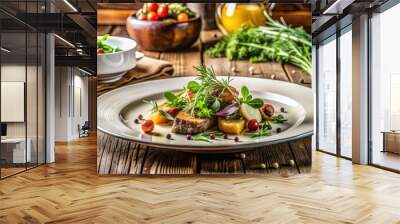 Delicious gourmet meal arranged on a elegant white plate with fresh herbs and garnishes, on a rustic wooden table in a cozy restaurant atmosphere. Wall mural