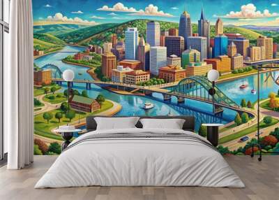 Detailed illustration of Pittsburgh city map showcasing iconic bridges, scenic riverbanks, and urban landscape with vibrant colors and precise geographic features. Wall mural