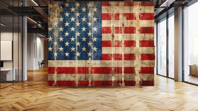 Distressed, faded, and torn American flag texture with frayed edges, worn-out stars, and dirty vertical stripes on a rough, rugged, and weathered background. Wall mural