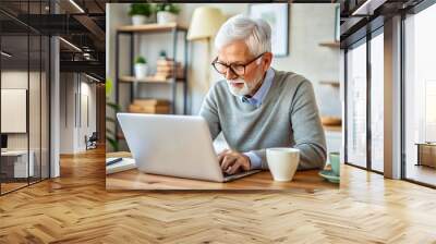 Elderly individual with silver hair and glasses intensely focused on laptop screen, surrounded by notebooks and coffee cups in a cozy home office setting. Wall mural