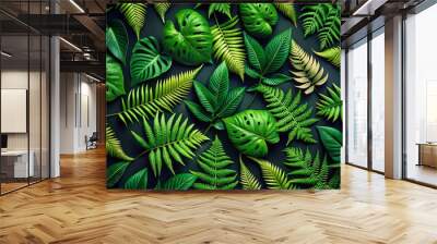 Exotic Botanical Seamless Pattern of Fern and Monstera Leaves on Black Background for Wallpaper Design Wall mural