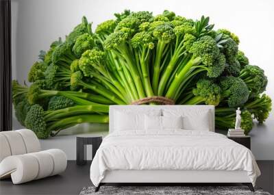 Fresh broccolini bouquet arranged artfully on a crisp white background, showcasing the vibrant green florets and delicate stalks of the nutrient-rich vegetable. Wall mural