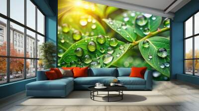 Fresh morning dew forms glistening raindrops on leaves, macro view of water droplets clinging to vibrant green foliage against a serene nature background. Wall mural