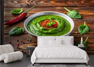 Freshly blended vibrant green spinach puree in a modern white bowl, garnished with a sprinkle of paprika, on a natural wood background. Wall mural