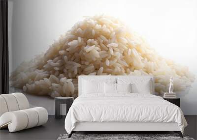 Freshly cooked white steamed rice piled high in a rounded heap, beautifully lit on a clean white background, with a shallow depth of field. Wall mural