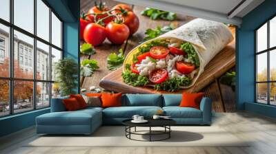 Freshly made Mediterranean-style wrap overflowing with steaming hot jasmine rice, juicy ripe tomatoes, and crisp mixed greens, served on a rustic wooden table. Wall mural