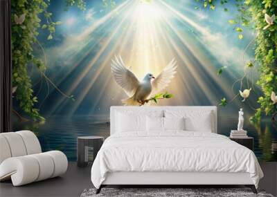 Gentle, radiant light illuminates a serene, abstract depiction of a baptism scene, featuring a dove, water, and delicate, flowing vines, evoking spiritual renewal and peace. Wall mural