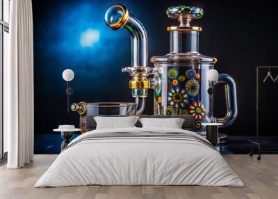 Glass dab rig with intricate percolator design and colorful accents, sitting on a dark background, ready for a hit of concentrated cannabis vapor. Wall mural