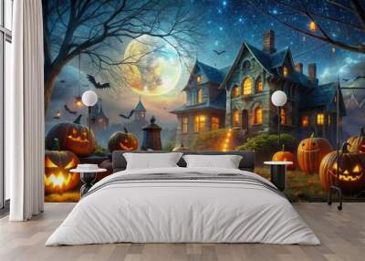 glowing jack-o'-lanterns, cobweb-covered gravestones, and rustling leaves surround a spooky old mansion under a dark, starry Halloween night sky. Wall mural