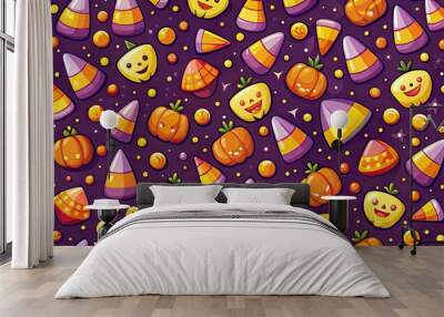 Halloween seamless pattern whimsical playful candy corn treat trick or treat fun illustration bright Wall mural