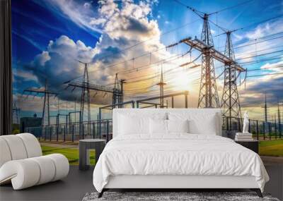 High-voltage electrical substation with towering transmission lines, transformers, and switchgear, surrounded by a chain-link fence, under a sunny blue sky with fluffy white clouds. Wall mural