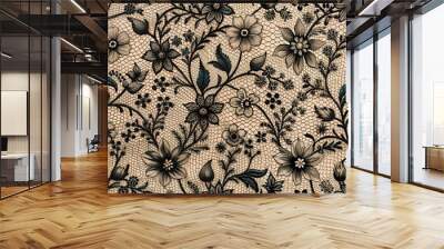 Intricate black floral lace with delicate flowers and leaves on a soft, subtle background, perfect for design elements, backgrounds, and textures. Wall mural