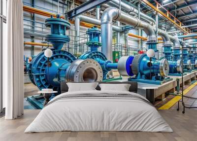 Large centrifugal pump machinery with pipes and valves in a factory or plant, with a metallic and industrial background, conveying industry and infrastructure. Wall mural