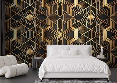 Luxurious Art Deco-inspired geometric pattern featuring intricate shapes, metallic gold foil accents, and ornate details, evoking opulence and sophistication on a dark background. Wall mural