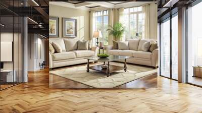 Luxurious cream-colored sofa and loveseat set with matching coffee table, lamps, and rug, nestled in a spacious, sun-drenched living room with neutral walls and floor. Wall mural