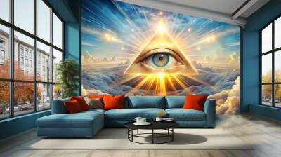 Majestic all-seeing eye surrounded by radiant light, symmetrical clouds, and subtle rays, evoking a sense of divine guidance, wisdom, and benevolent power. Wall mural