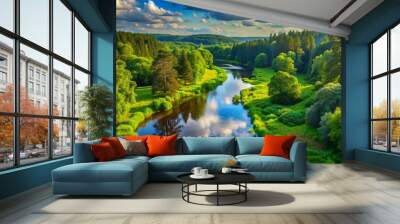 Majestic ancient Viliya River flows gently through lush green forest, surrounded by tall trees and vibrant foliage in Belarusian countryside scenery. Wall mural