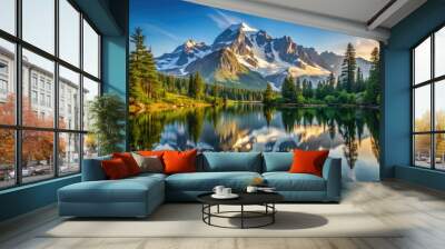 Majestic Mount Shuksan rises above a serene Mirror Lake on a misty morning in Washington's North Cascades National Park, surrounded by lush green forest. Wall mural