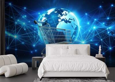 Modern ecommerce website concept illustration, featuring a stylized shopping cart and global network connections, symbolizing online shopping and digital commerce success. Wall mural