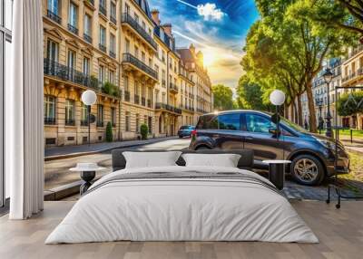 On a sunny August day in Paris, France, a sleek European-made vehicle sits parked on the side of a picturesque city street. Wall mural